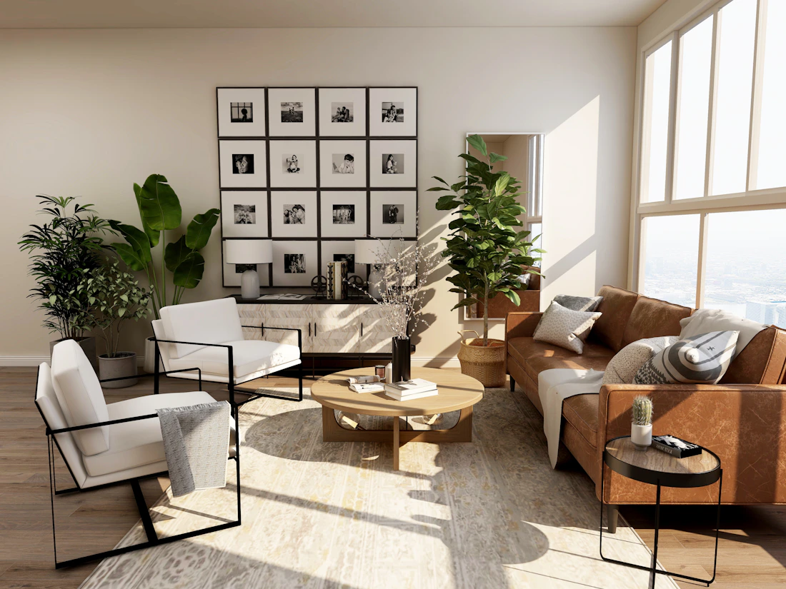 Interior inspiration: sunlight falls across a tan sofa, white armchairs and a round wooden coffee table